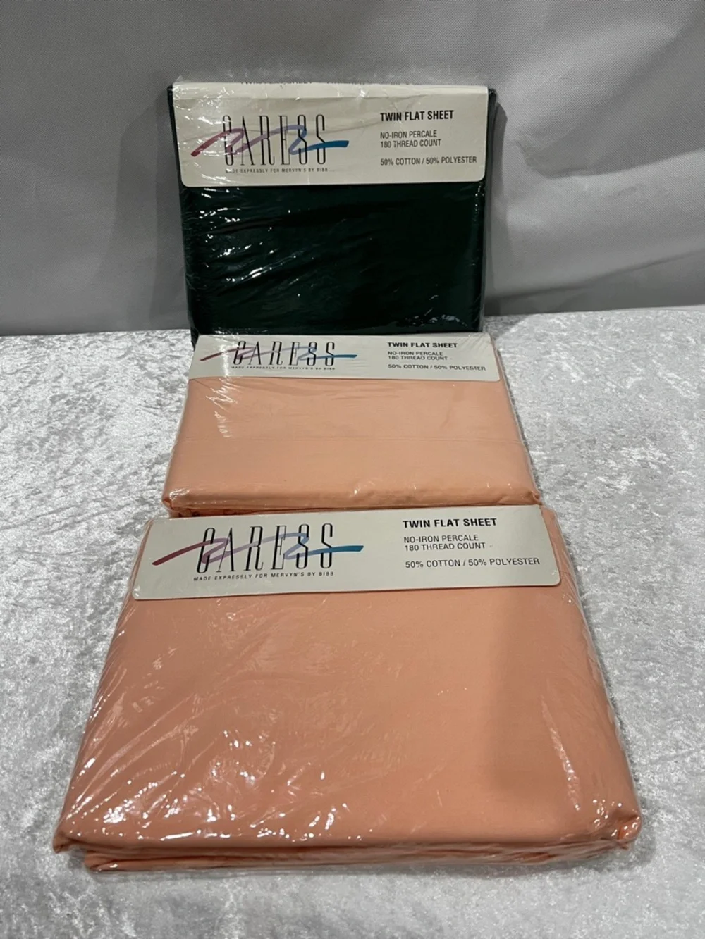 Vintage Sheets Lot  Of 3 CARESS Twin Flat Sheet Green Peach Coral Cotton Blend